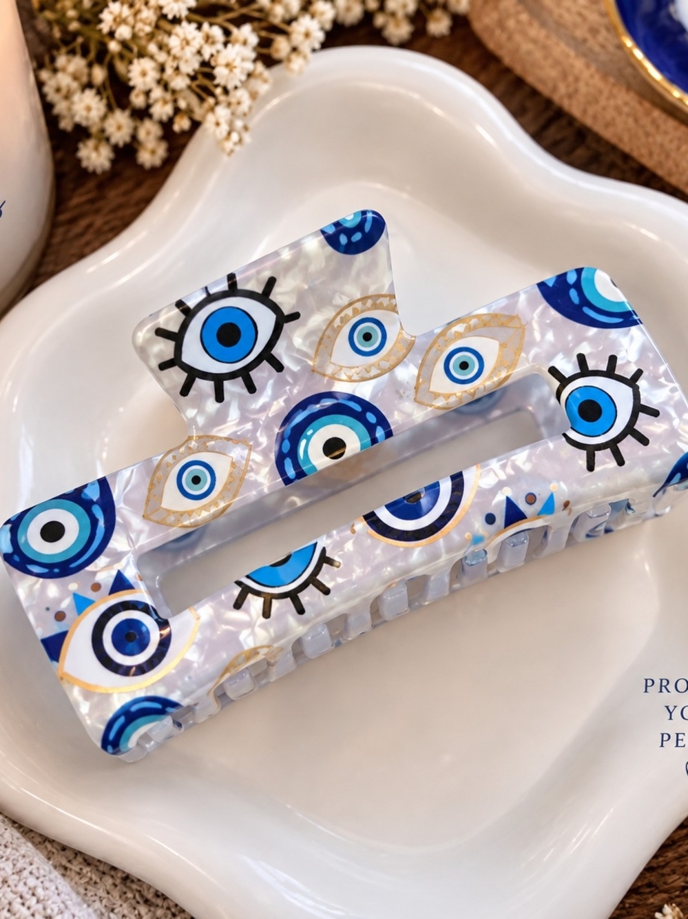 Large Blue & White Evil Eye Pattern Hair Claw Clip New